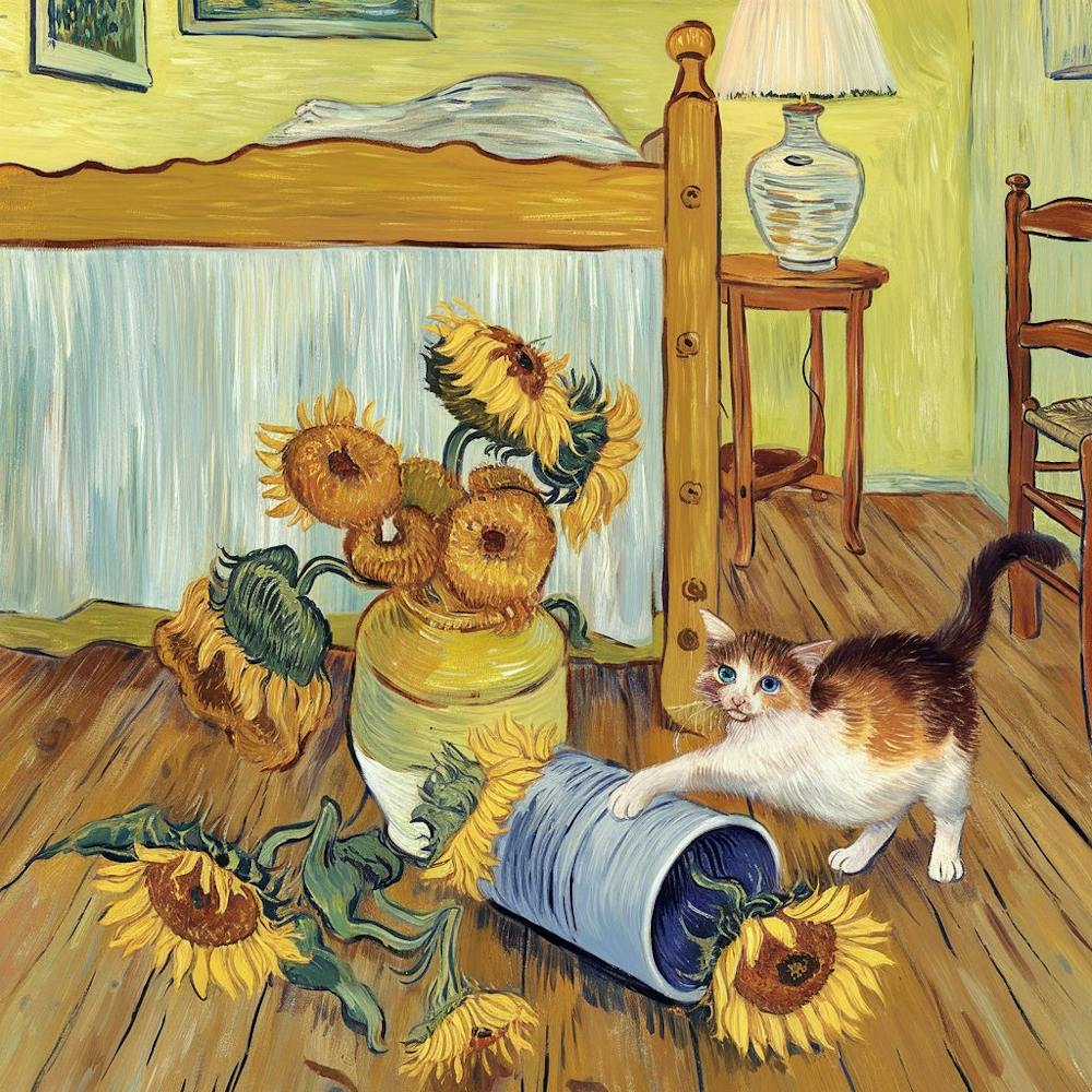 Cat With Sunflowers and vase