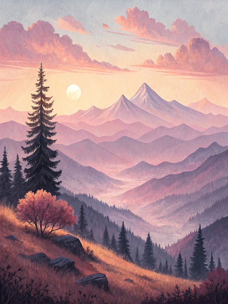Oil Painting Style Minimalist Vintage Mountain