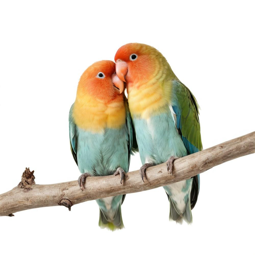 Lovebirds On Branch Isolated On White Background