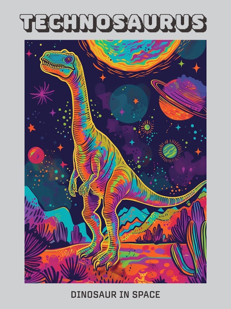 Neon Dinosaur Space Illustration 2 Poster