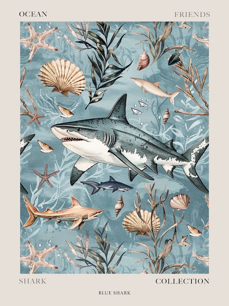 Pastel Blue Shark Watercolour Seascape Pattern 4 Poster