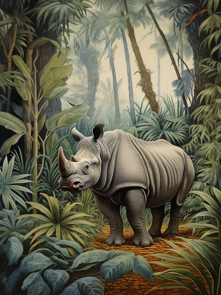 Rhino In The Archway Of The Trees Realistic Illustration 1