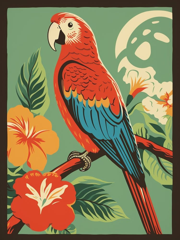 Vintage Bird Linocut Parrot 1