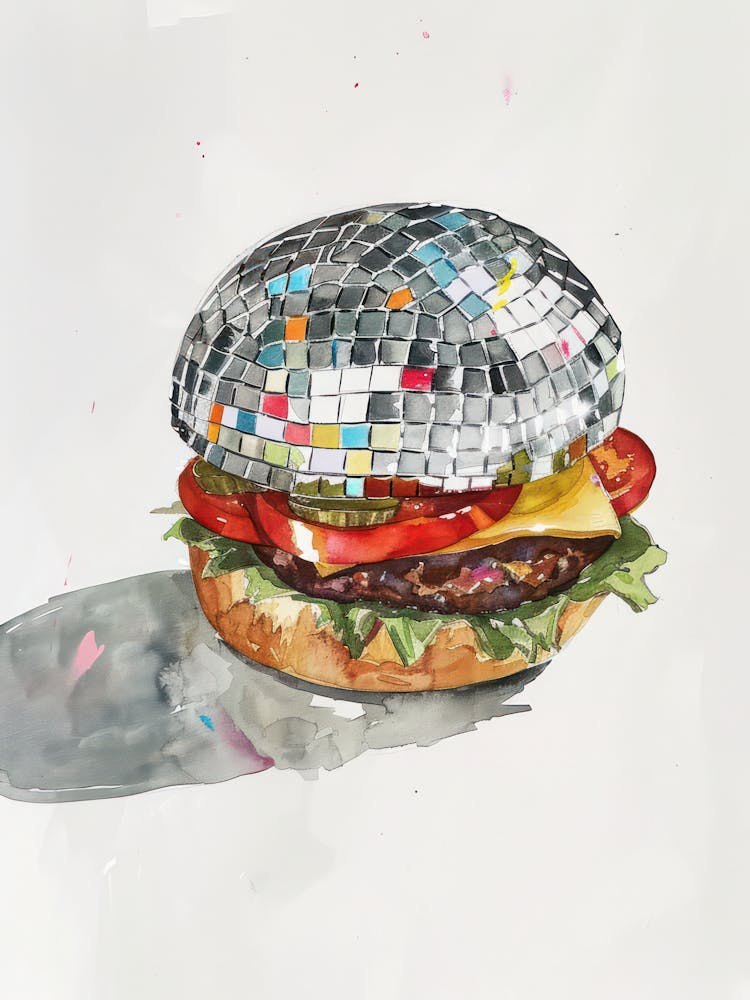 Disco Ball Burger Trendy Retro Watercolor Painting Kitchen