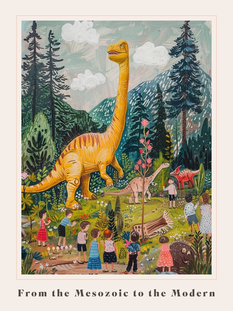Dinosaur & Children In A Village Painting Poster
