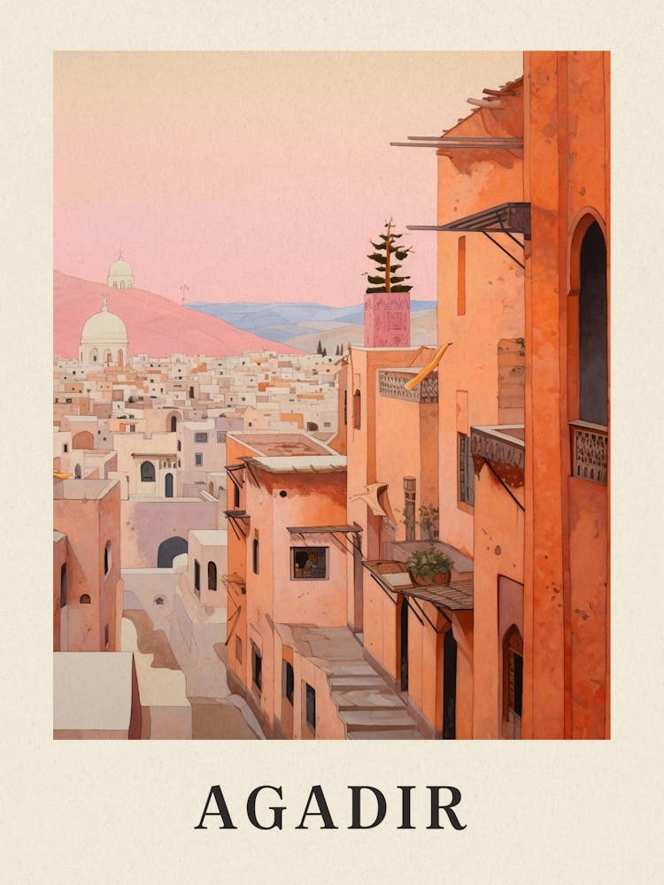 Agadir Morocco 4 Vintage Pink Travel Illustration Poster
