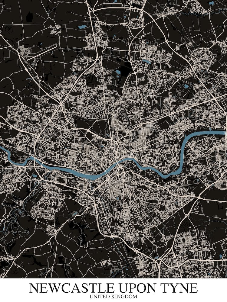 Newcastle Upon Tyne Black Blue Map