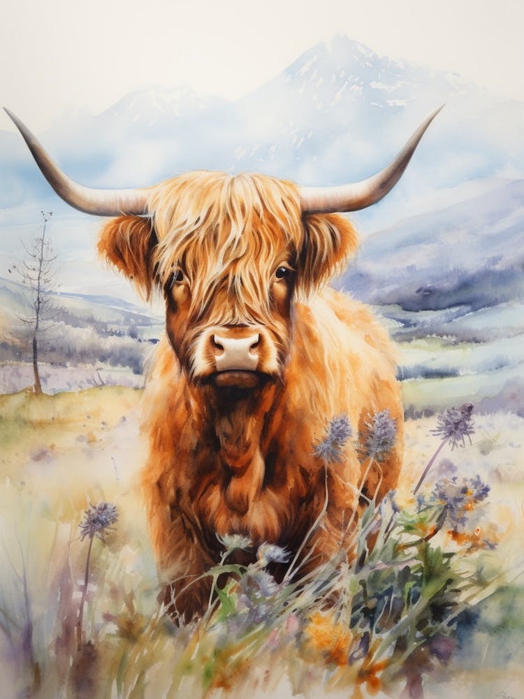 Highland Cow In Grassy Wildflower Field 1