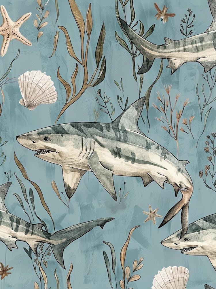 Pastel Blue Mako Shark Watercolour Seascape Pattern 2