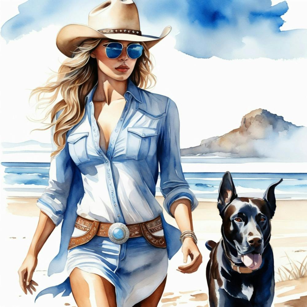 Coastal Cowgirl on Beach with Dog 4