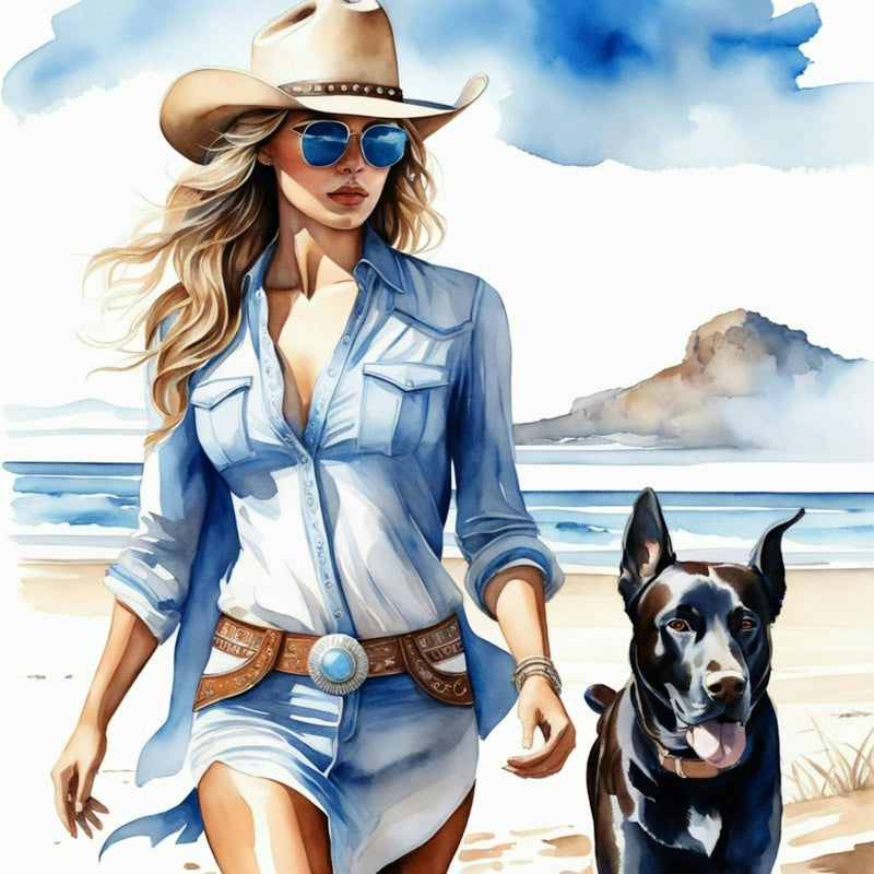 Coastal Cowgirl on Beach with Dog 4