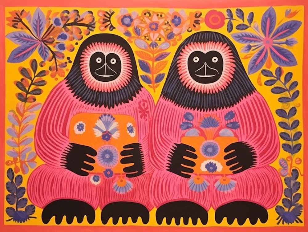 Gorilla 2 Folk Style Animal Illustration