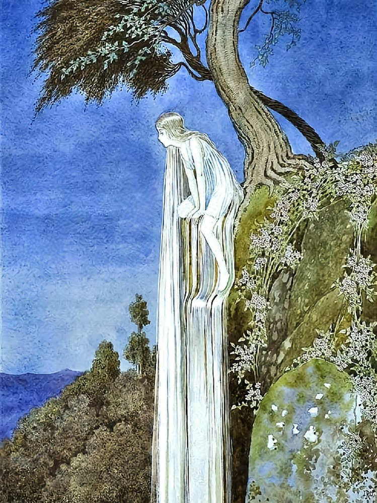 The Waterfall Fairy by Ida Rentoul Outhwaite - 1921 from the book 'The Enchanted Forest - High Resolution Remastered Witchy Pagan Fairytale Beautiful Streaming Hair Illustration Witchcore Fairycore