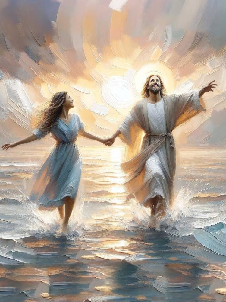 Miracle Together, Christliches Gemälde, Jesus Geht Auf Dem Wasser Gemälde, Digitale Lds Kunst, Bibel Wandkunst, Jesus Und Frau Tanzen Auf Dem Wasser