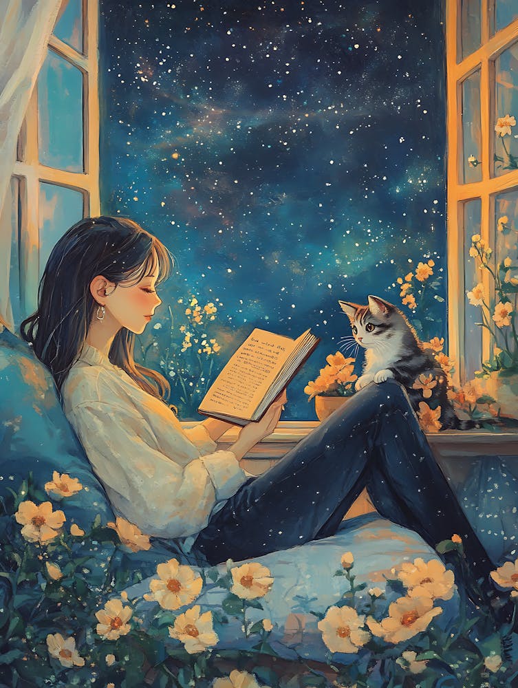 Girl Reading Book with Her Cat