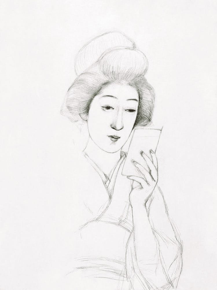 Study of a seated woman holding a mirror by Goyō Hashiguchi (early 20th century)