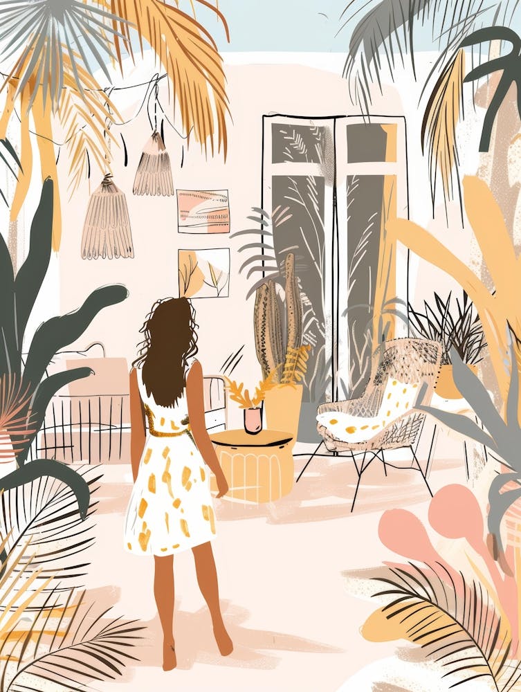 Illustration Of A Girl In A Tropical Garden