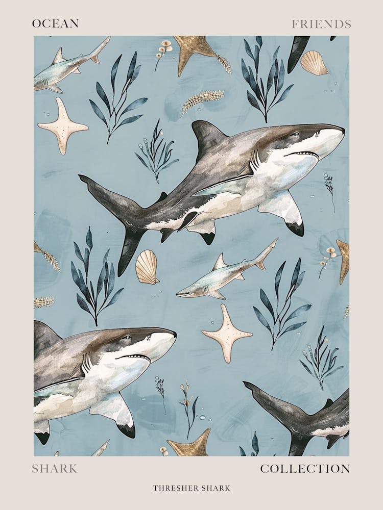 Pastel Blue Thresher Shark Watercolour Seascape Pattern 2 Poster
