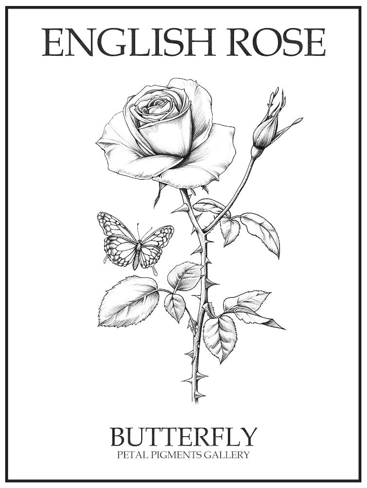 English Rose Butterfly Line Drawing 1 Poster