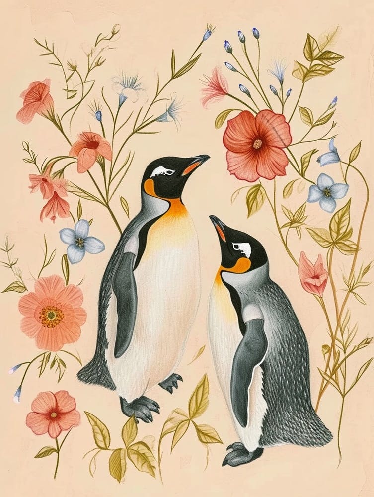 Folksy Floral Animal Drawing Penguin 3