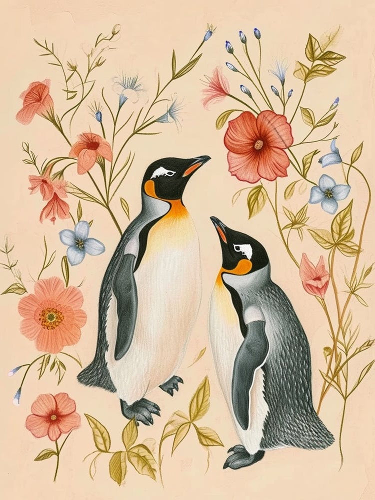 Folksy Floral Animal Drawing Penguin 3
