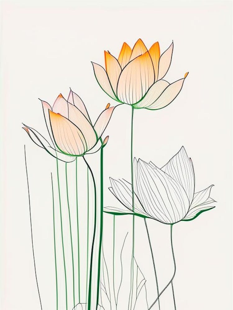Lotus Flowers In Garden Minimal Line Drawing 2