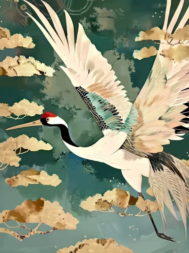 White Cranes Painting Gold Blue Effect Collage 6