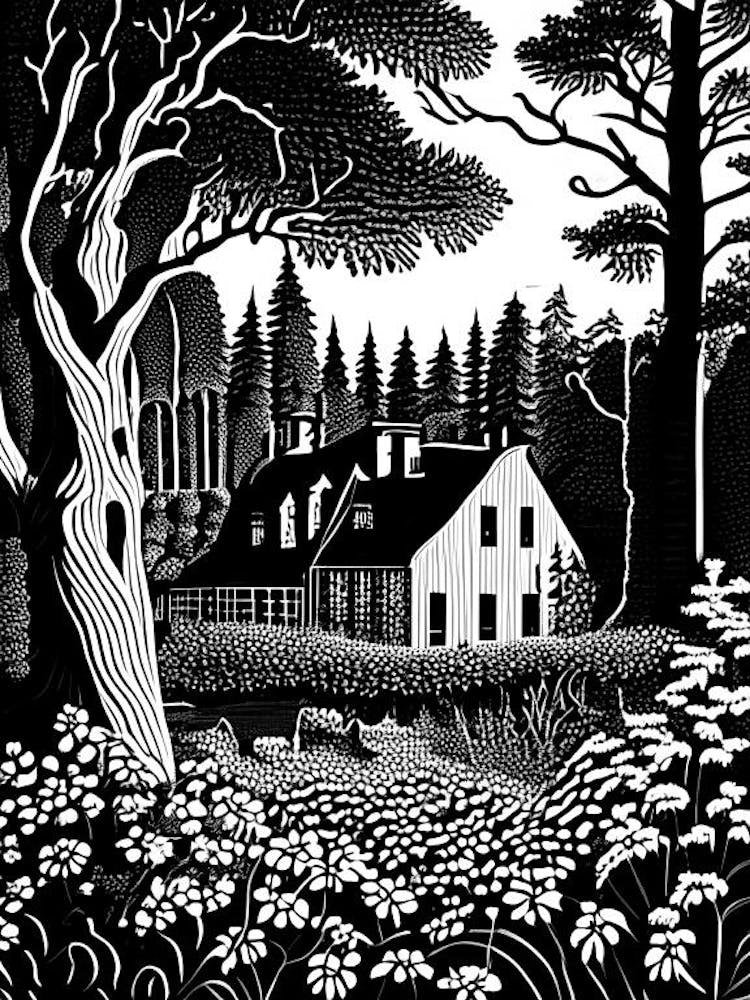 Rosendals Trädgård, 1, Sweden Linocut Black And White Vintage