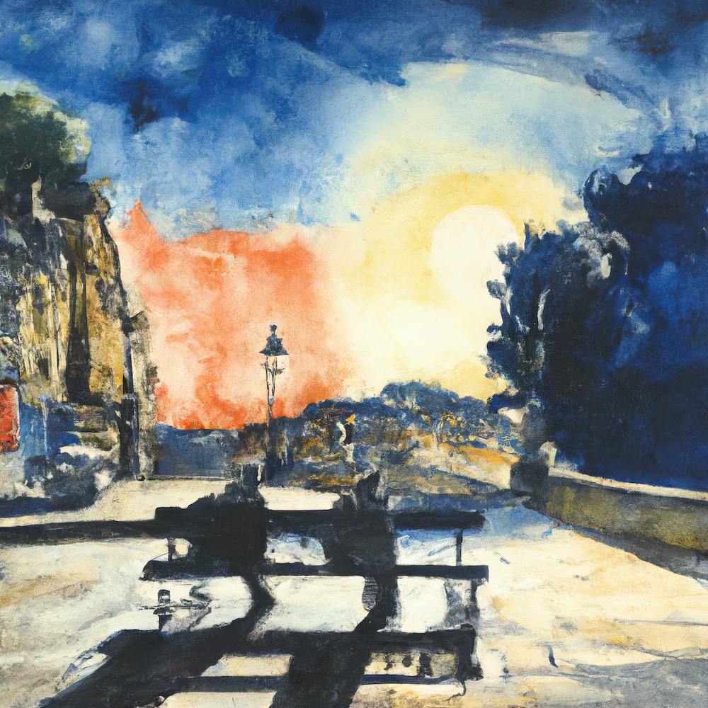 Watercolor Of Bench At Sunset