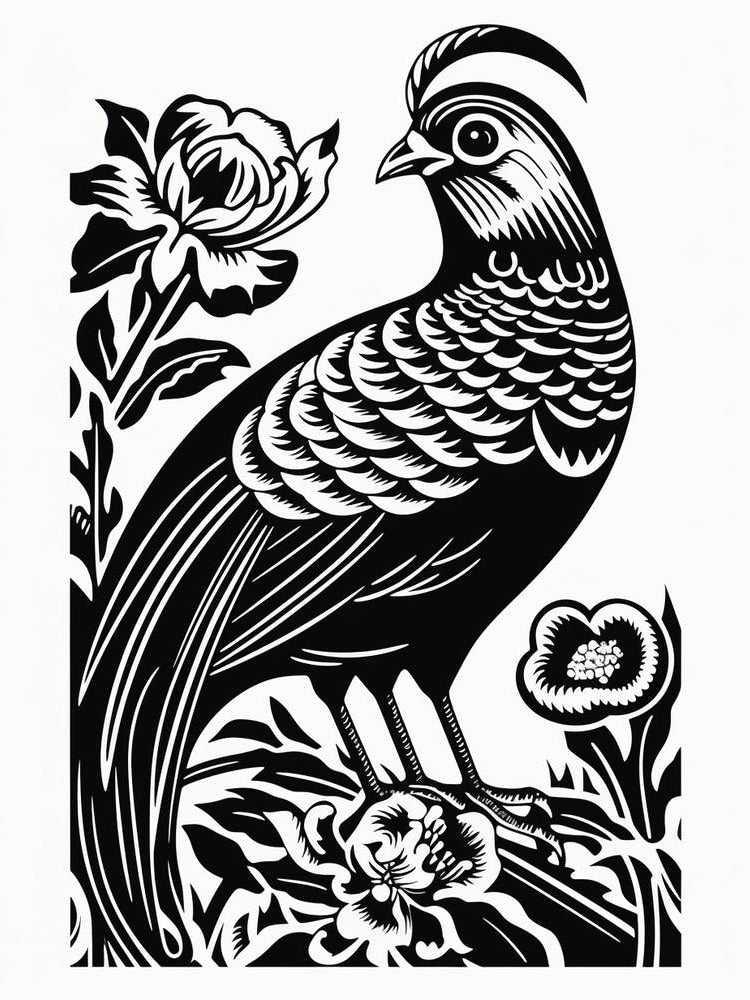 B&W Bird Linocut Pheasant 3