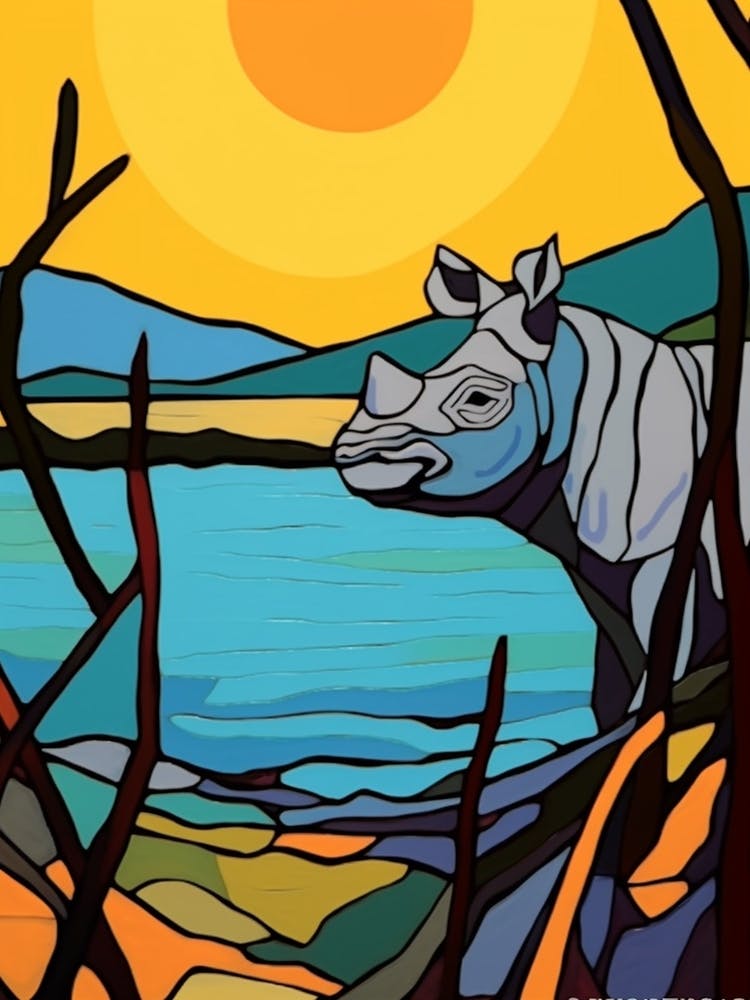 Geometric Blue & Yellow Portrait Of A Rhino 1