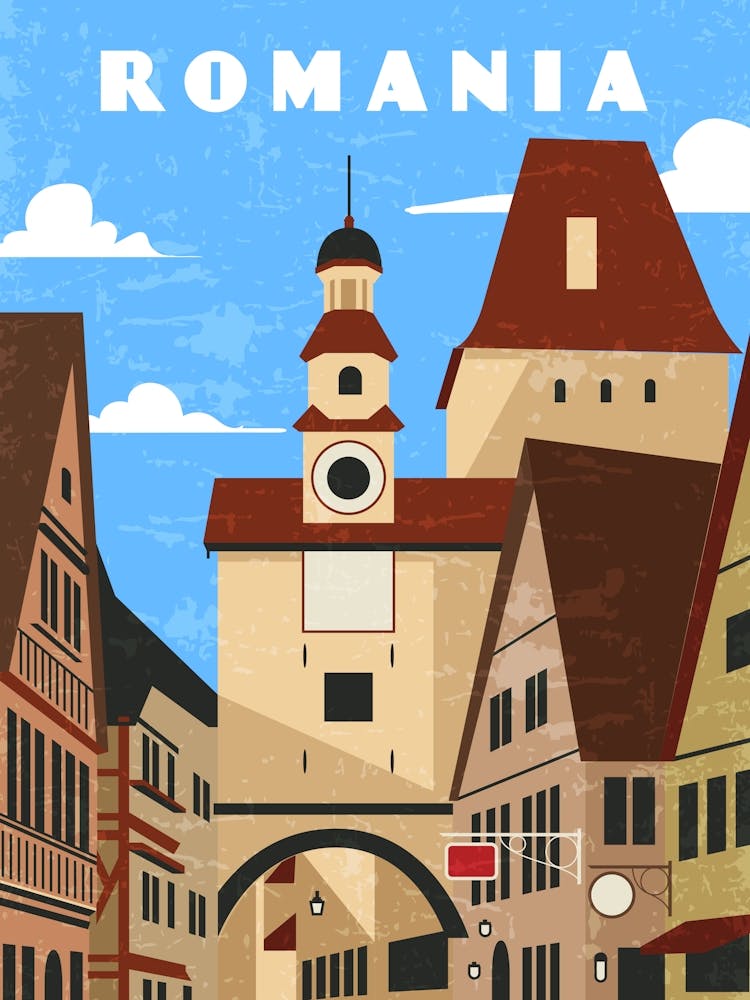Romania — Retro travel minimalist art poster