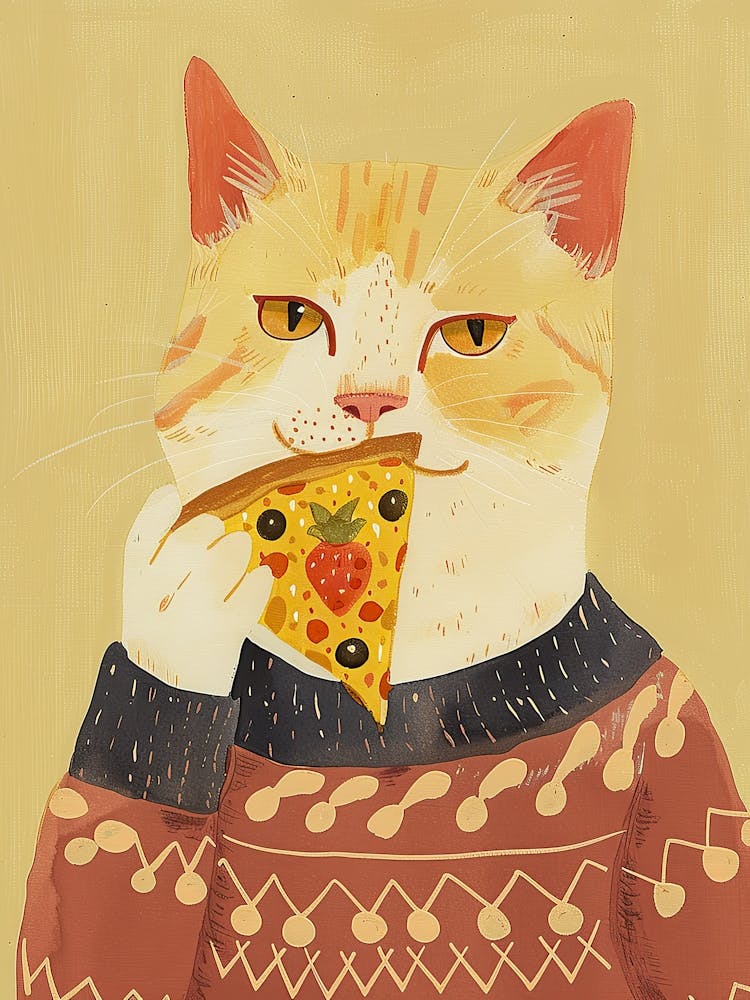 Cat In A Sweater Pizza Lover Folk Illustration 4