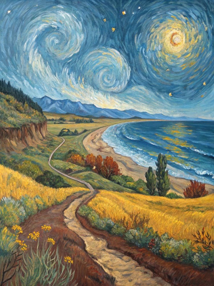 Coastal Landscape with Swirling Sky A Surrealist Oil Painting In The Style Of Van Gogh