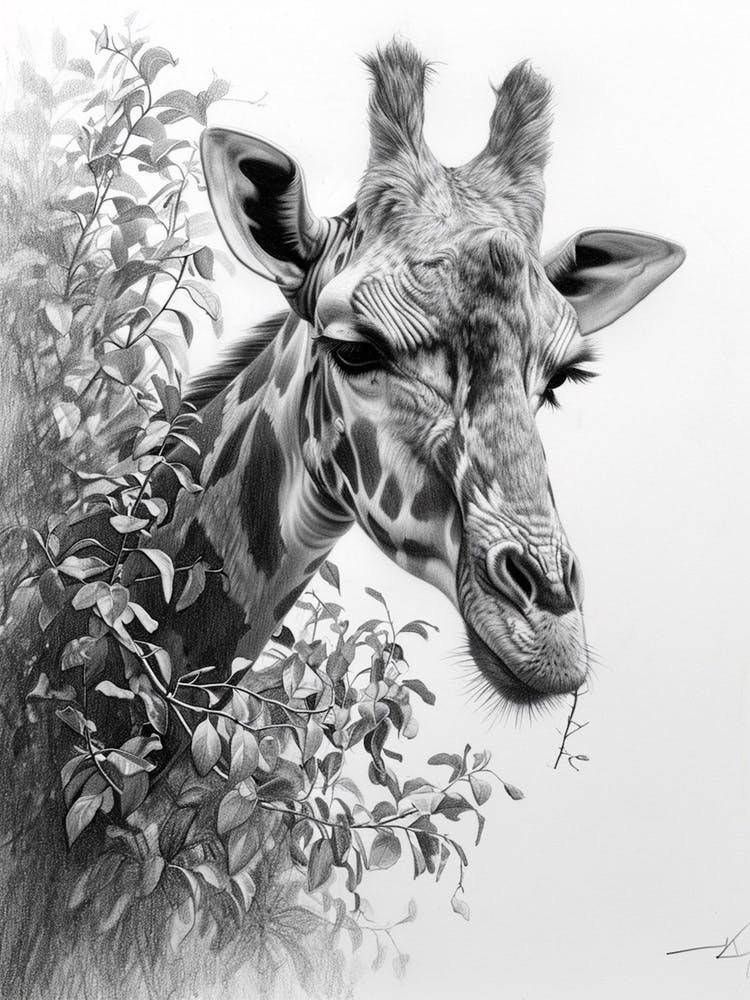 Portrait Au Crayon D'une Girafe Dans Les Arbres 3