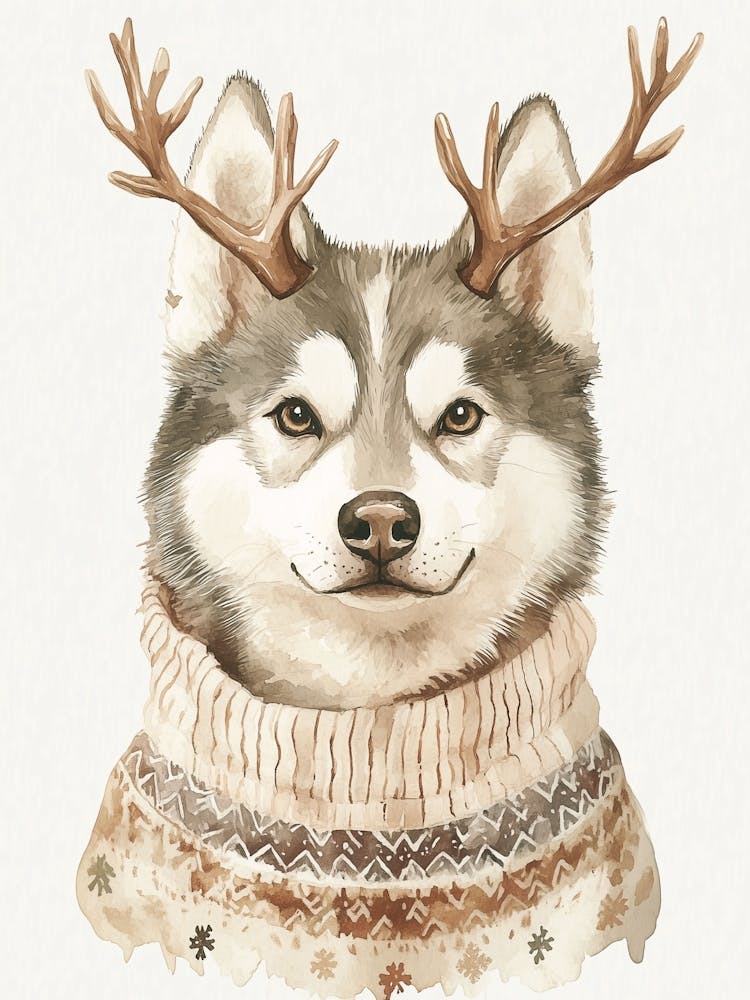 Husky Dog In Christmas Jumper And Reindeer Antlers Neutral