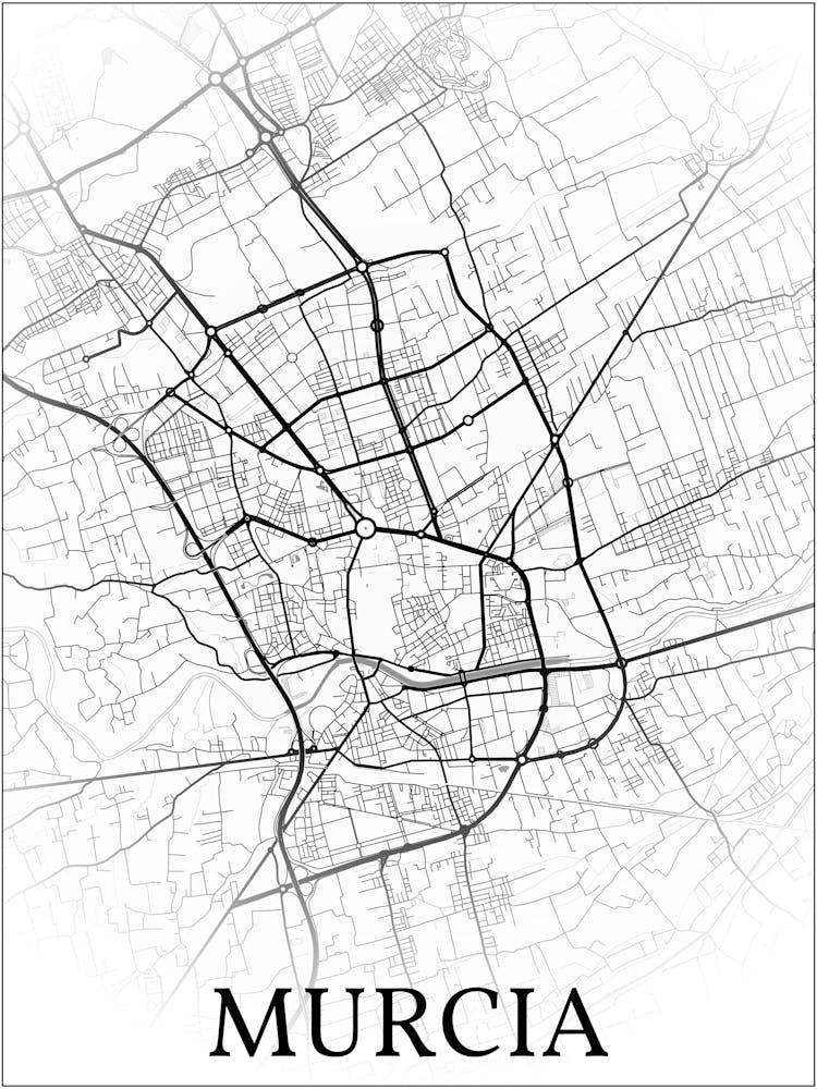 Murcia, Murcia, Spain, City Map, Black And White Fade Design
