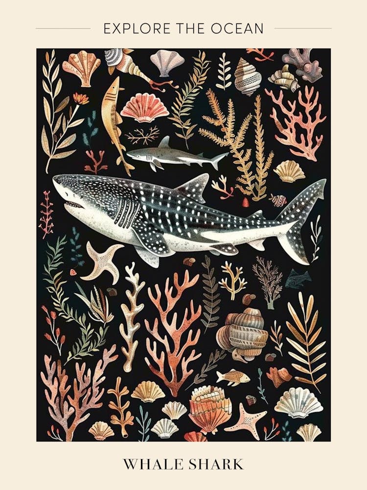 Whale Shark Seascape Black Background Illustration 1 Poster