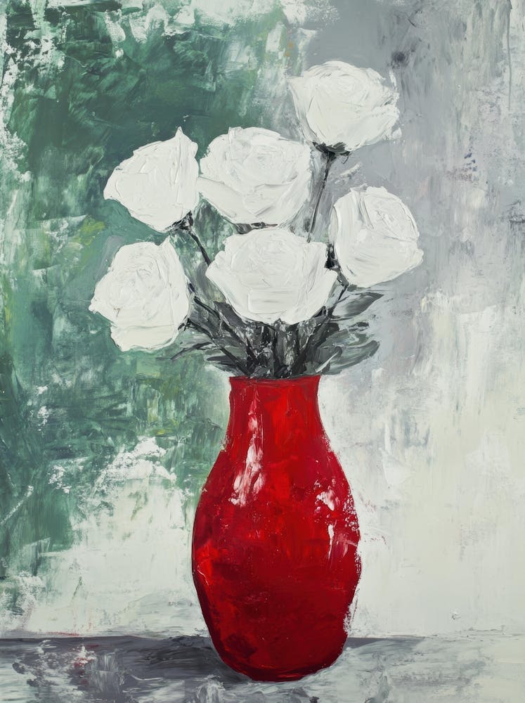 White Roses In A Red Vase