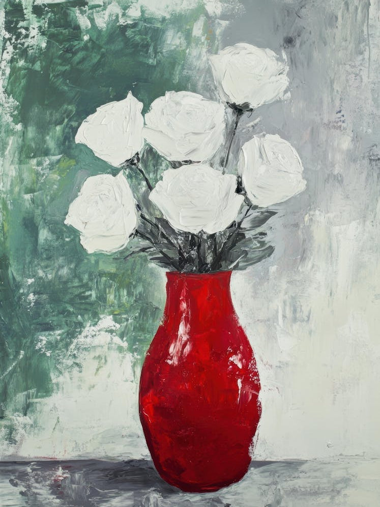 White Roses In A Red Vase