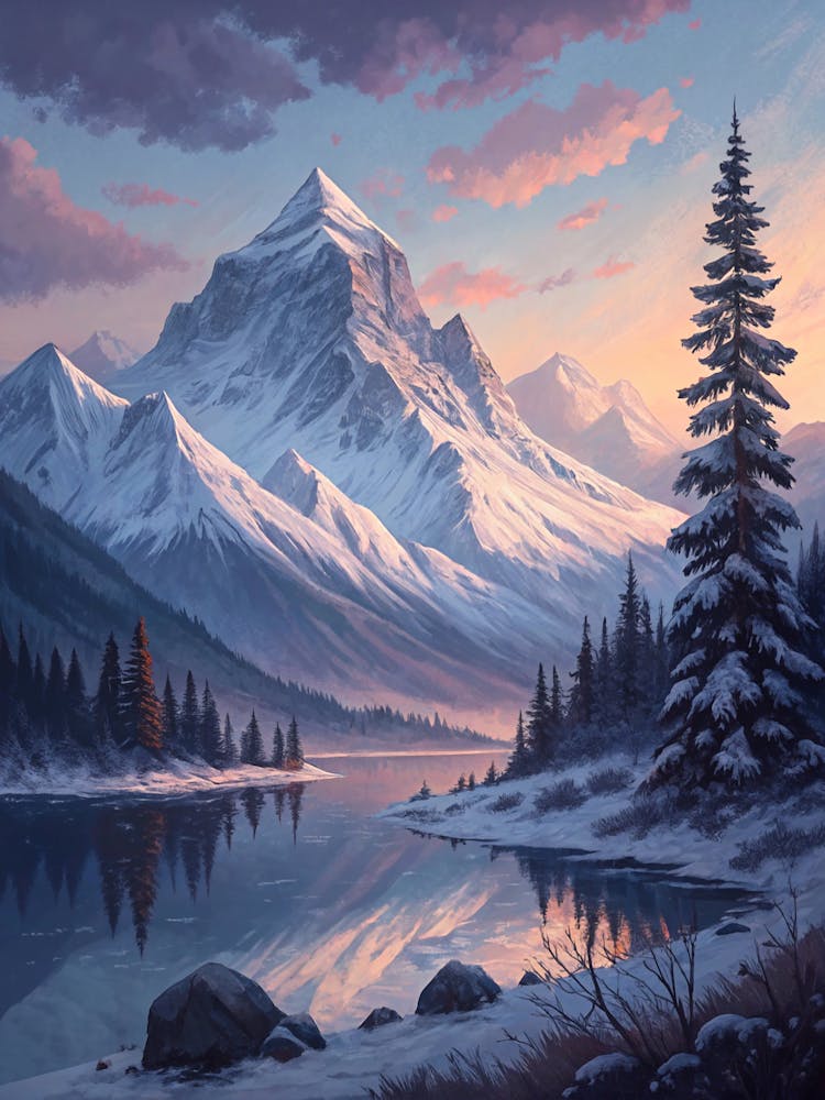 Oil Painting Style Snow Covered Peaks With Muted