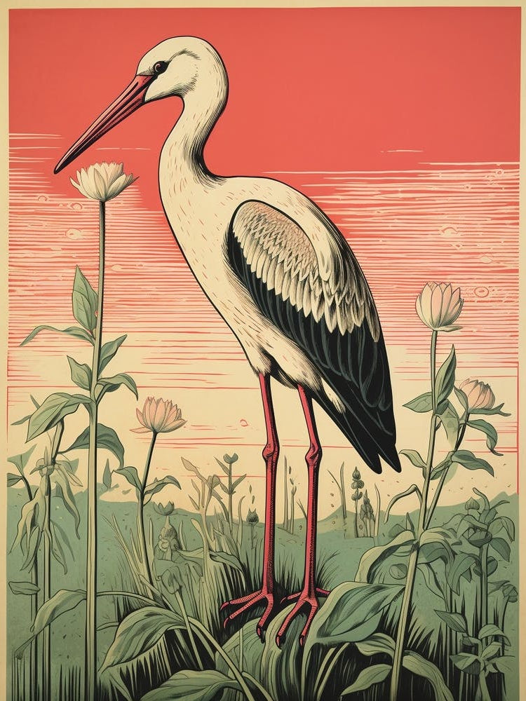 Vintage Bird Linocut Stork 3