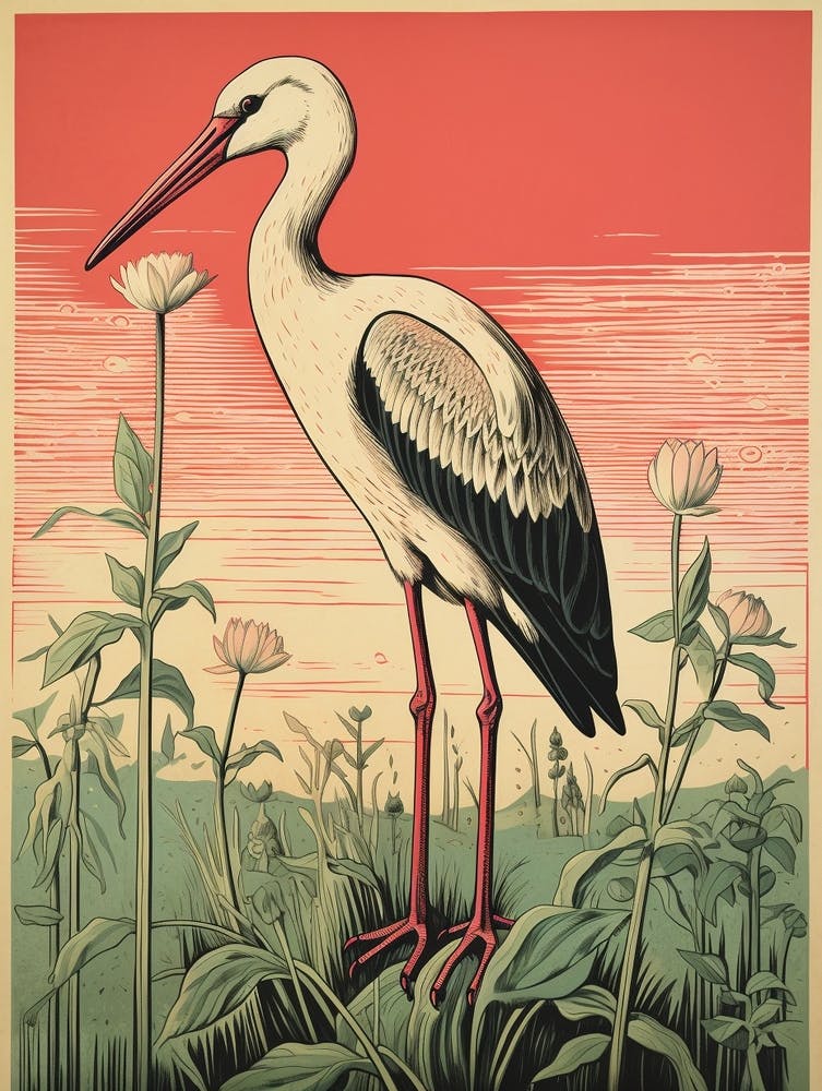 Vintage Bird Linocut Stork 3
