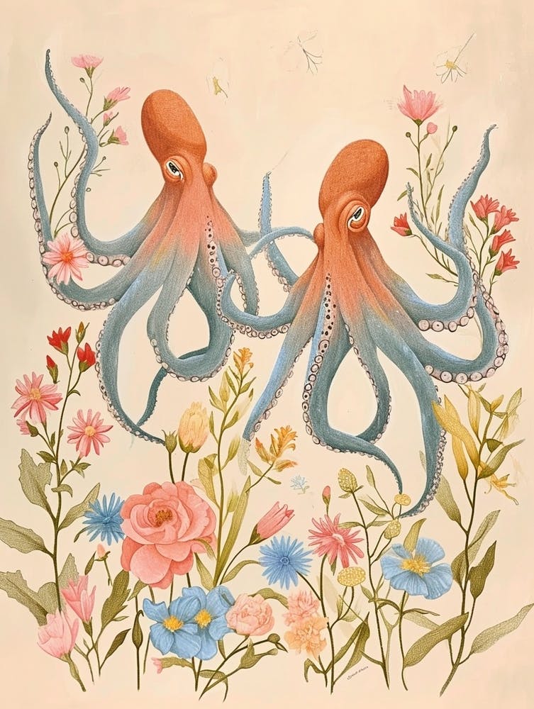 Folksy Floral Animal Drawing Octopus 2