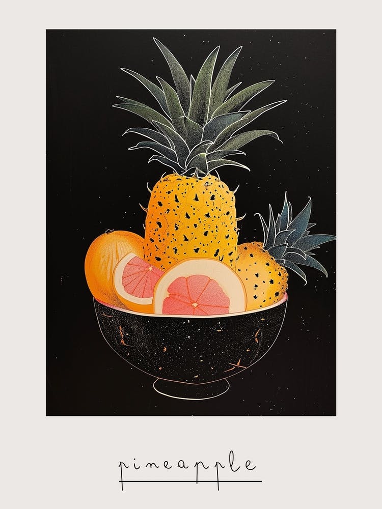 Pineapples & Fruit In A Bowl Art Deco Poster