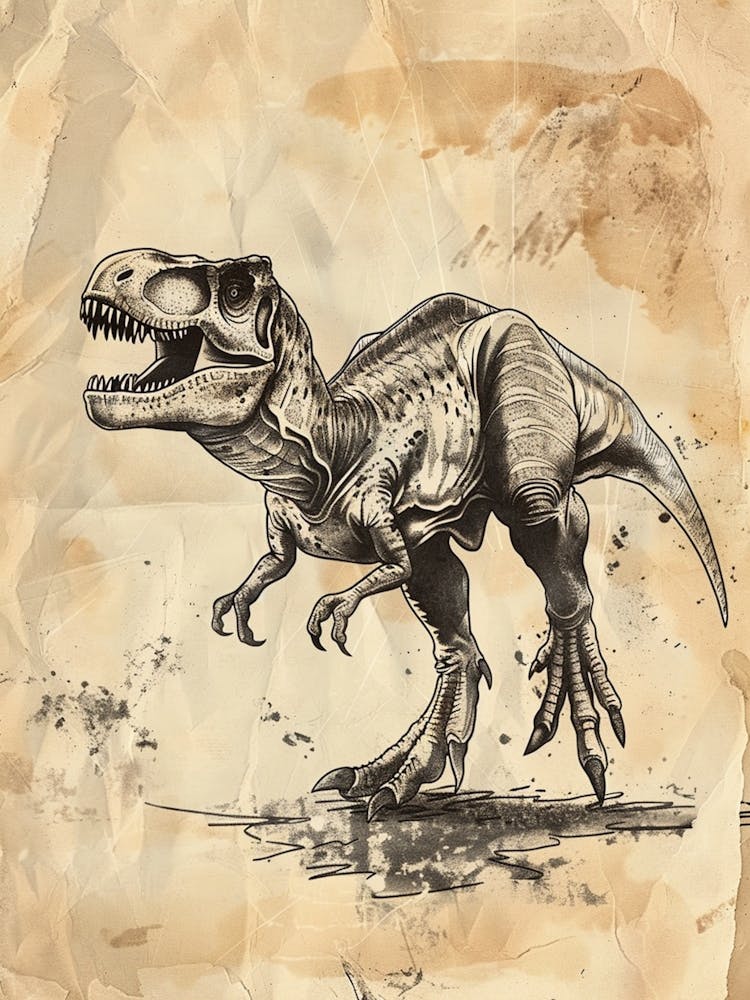 Allosaurus Dinosaur Black Ink & Sepia Illustration 2