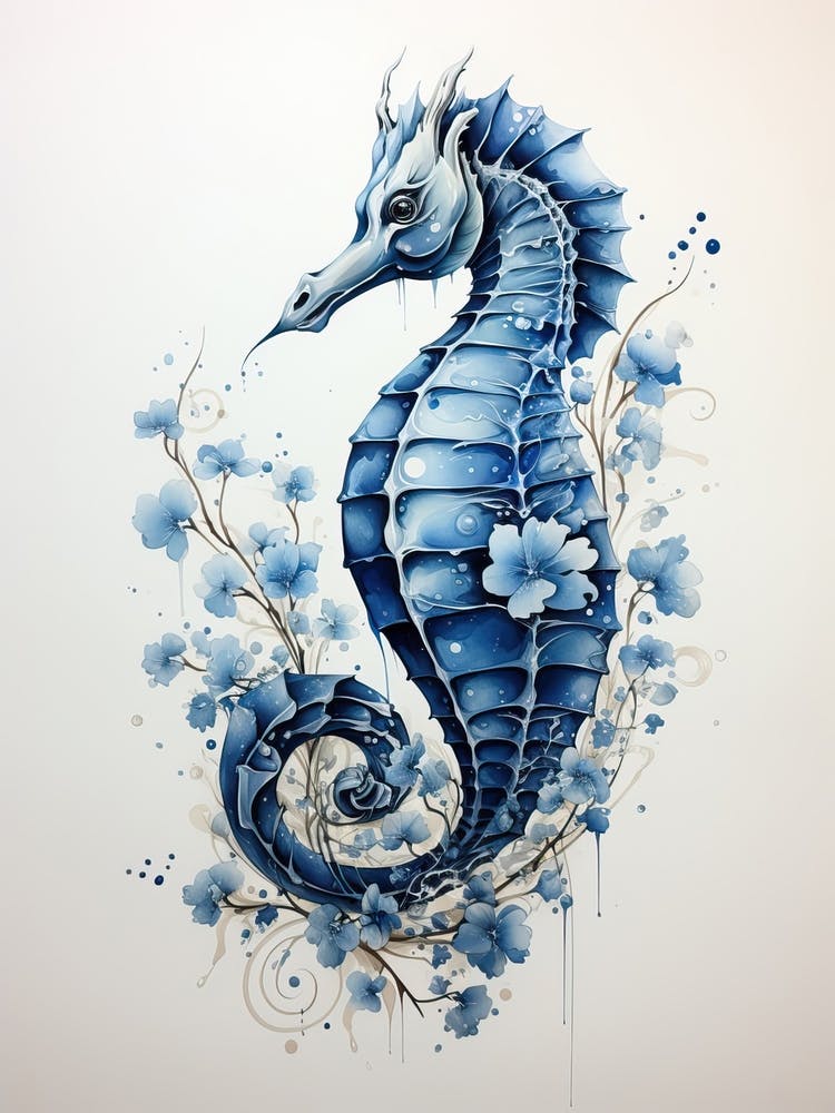 Seepferdchen, Japanische Pinselmalerei, Ukiyo E, Minimal 1