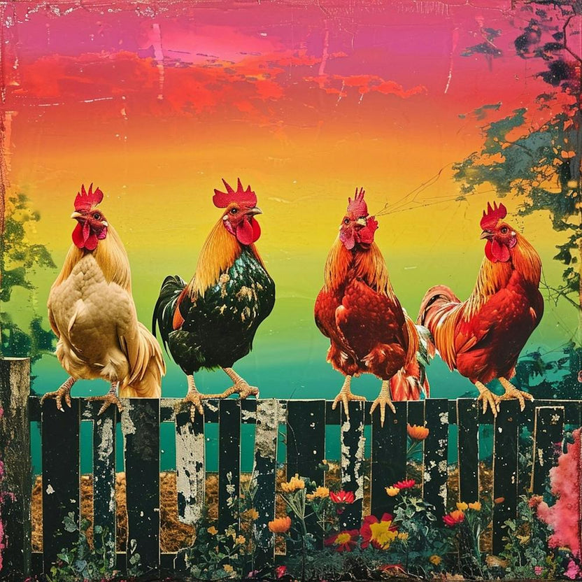 Rainbow Retro Chickens On The Fence 3