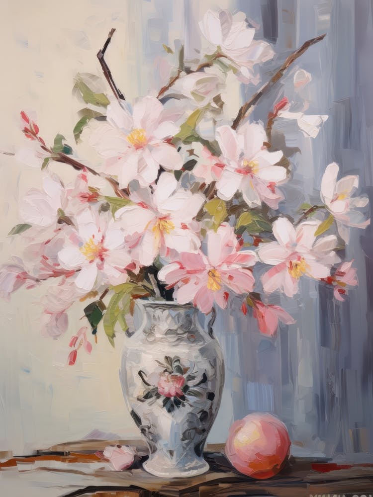 Lilac Flower And Peaches Still Life Painting 1 Dreamy