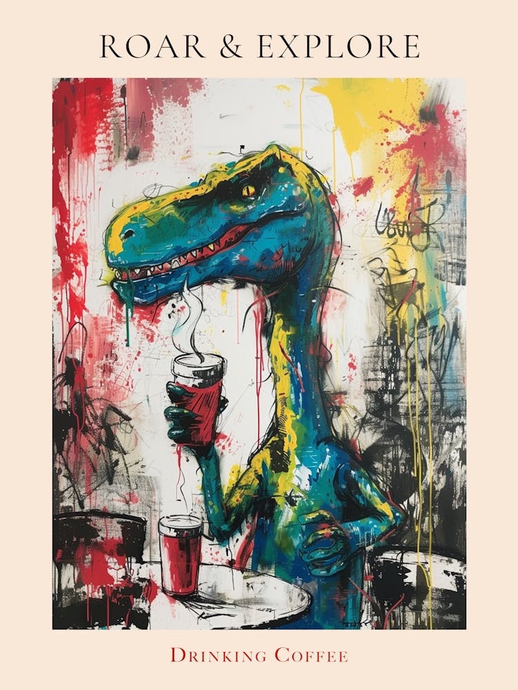 Abstract Wild Brushstrokes Dinosaur Drinking Coffee Poster
